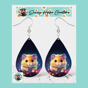 Earrings Neon Hamster Colorful Flowers Printed on MDF with Hook Backs Sublimated